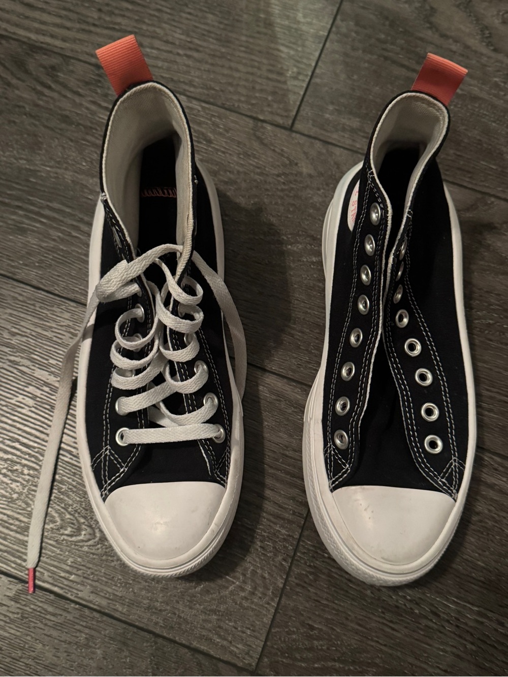 Converse Kids Black and White High-Top Sneakers with pink Pull Tabs
